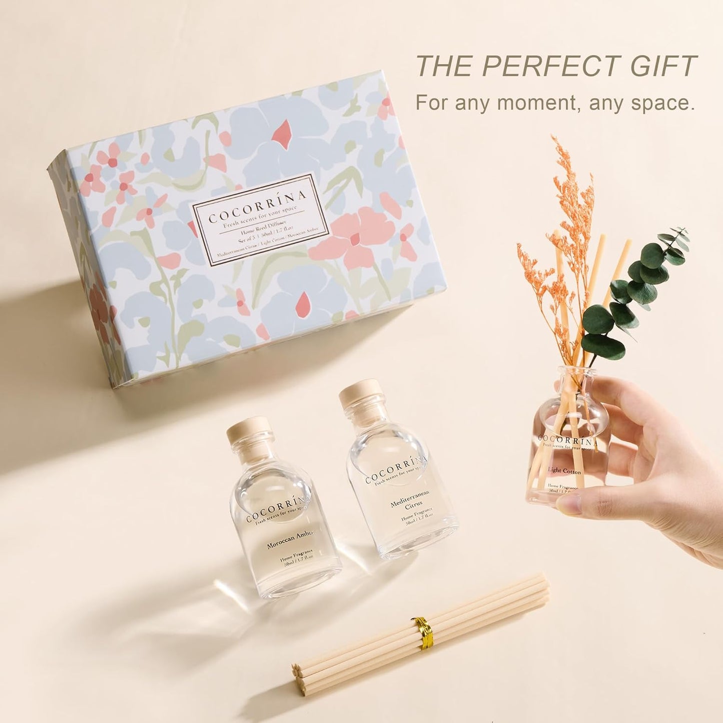 COCORRÍNA Eucalyptus Reed Diffuser Set of 3 - Lavender Eucalyptus, Black Forest, Clean Cotton Scents, 1.7 fl oz Each, Total 5.1 oz, Scented Oil Diffusers for Home & Office﻿