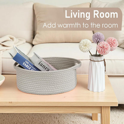 JMvicyroam Woven Basket,Small Rope Storage Bin with Handles & Ribbon Bag, Organizer for Shelves Closets,Gift Basket Empty for Birthday,Books,Dog Toys,White