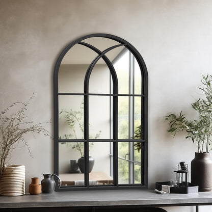 Dewfig 65"x 22" Arched Window pane Full Length Mirror, Wall Mirror, Floor Standing Mirrors, Farmhouse Long Full Body Mirrors Wall Mounted for Living Room, Bedroom, Entryway, Fireplace, Black
