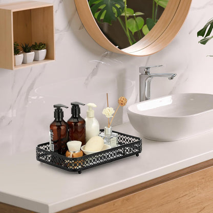ELLDOO Perfume & Makeup Vanity Tray - Hollow-Carved Jewelry Storage, Glass & Metal Trinket Organizer for Dresser & Bathroom Countertop, Gold, Medium Size