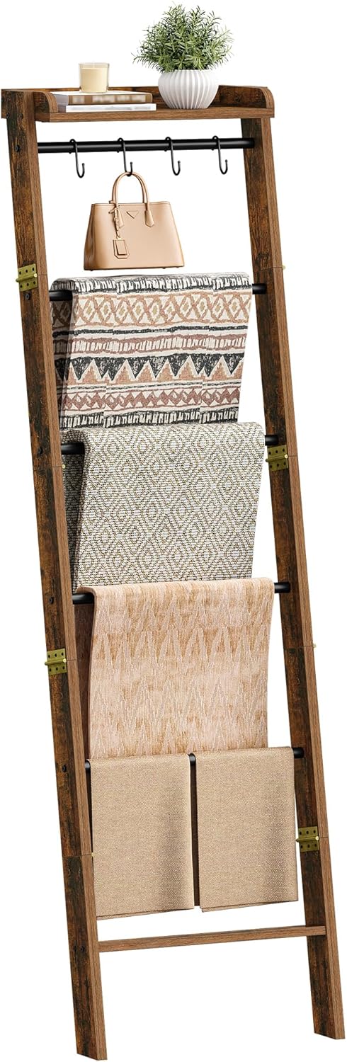 Hzuaneri Blanket Ladder Shelf, Decorative Quilt Rack, 6-Tier Farmhouse Ladder Holder Organizer with 4 Removable Hooks 7.9" D x 17.3" W x 63.4" H, Rustic Brown BR35801B