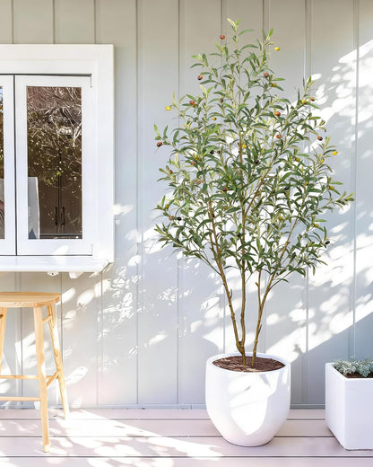Artificial Olive Tree 6FT - Tall Faux Olive Trees Indoor with Planter&Cotton Basket, Large Fake Olive Plants Realistic Branches Natural Wood Trunk and Fruits for Home House Office Decor