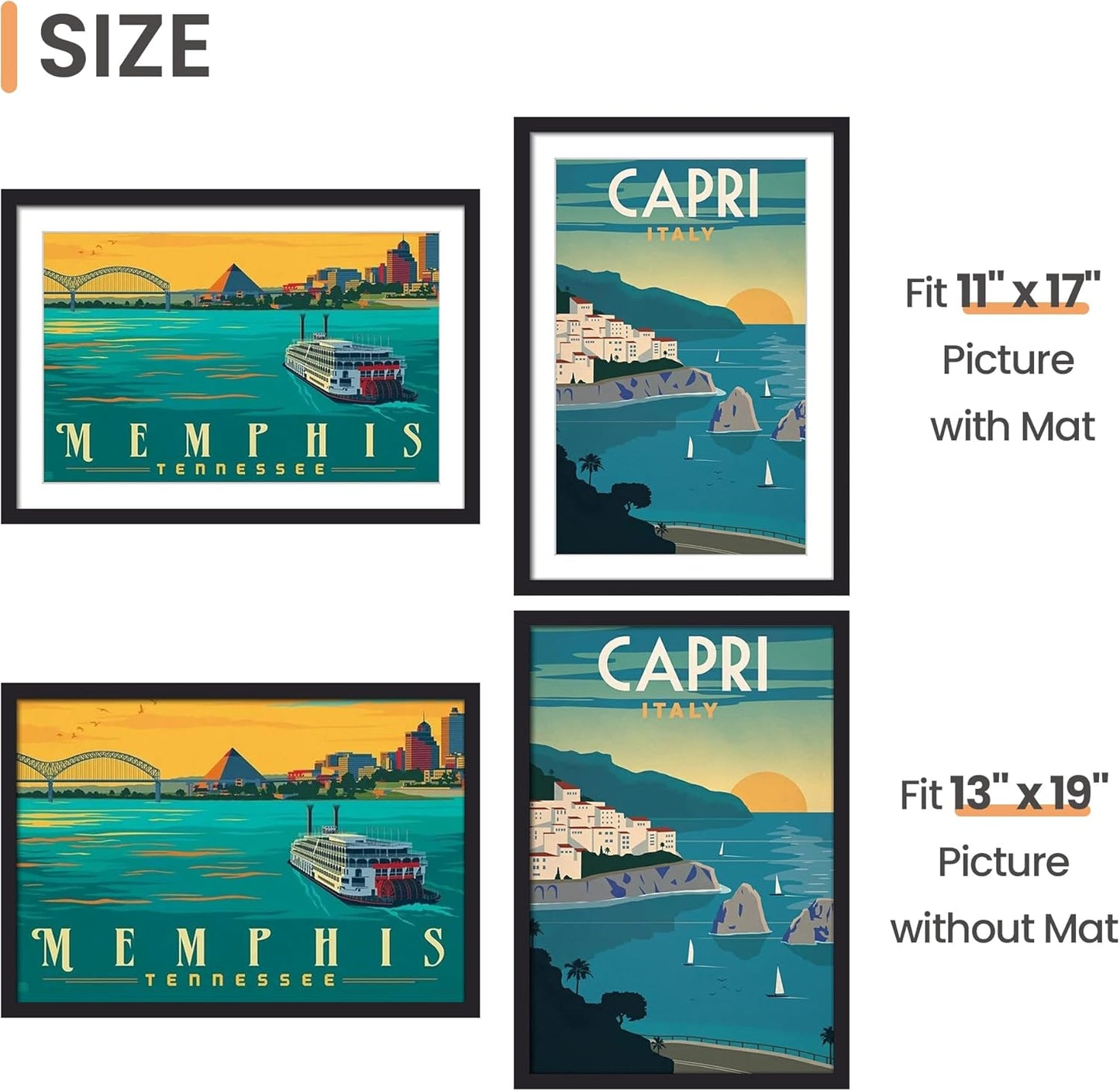 upsimples 11x14 Picture Frame Set of 5, Display Pictures 8x10 with Mat or 11x14 Without Mat, Wall Gallery Photo Frames, Black