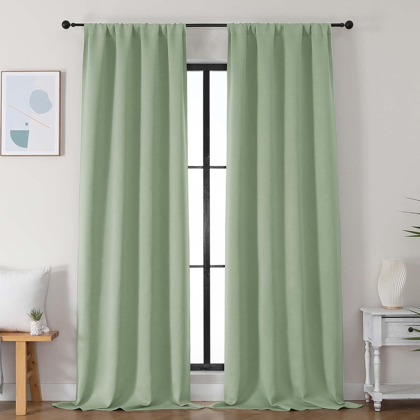 Simplebrand Ava Sage Green Blackout Curtains for Bedroom 63 Inch Length 2 Panels Set, Solid Thermal Insulated Energy Saving Rod Pocket Window Treatment Curtains Blackout Drapes, W40 x L63 Inch, Sage - Colors C