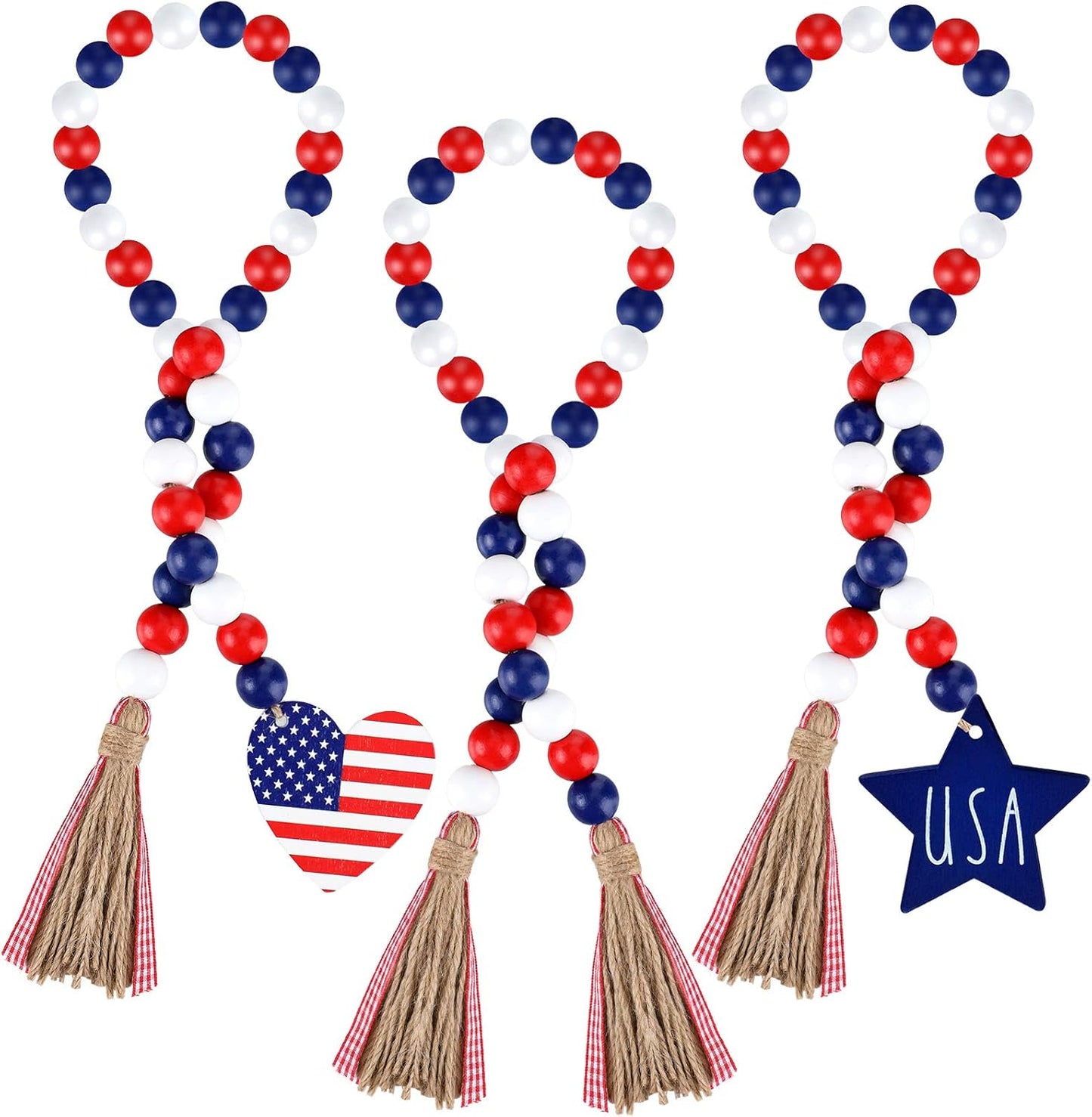 3 Pieces Independence Day Wood Bead Garland with Rustic Tassels 250 Th 4 of July USA Patriotic Wood Bead with American Flag and Wooden Heart Sign for Farmhouse Wall Hanging Prayer Beads Boho Decor