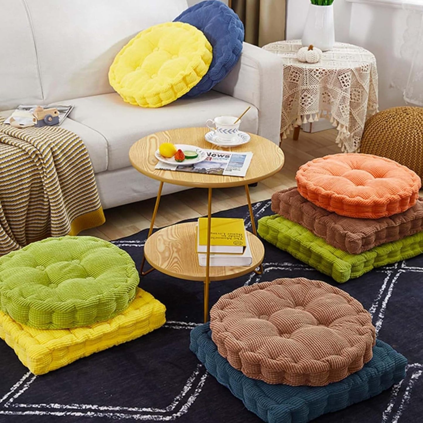 2 Pack Large Square and Round Floor Cushions for Adults Meditation Floor Pillow Green Corduroy Floor Seat Pillows Cushion for Living Room Balcony Tatami Yoga,18x18 Inch