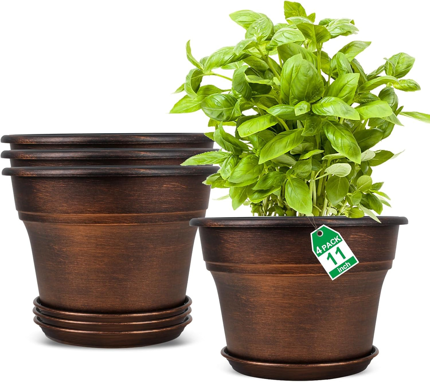 Fodetyff 10 Inch Planters Plant Pots Indoor Outdoor, 4 Pack Plastic Flower Pot for Indoor Plants with Drainage Holes & Trays, Resin Decorative Container Sets with Saucer for House Garden Copper