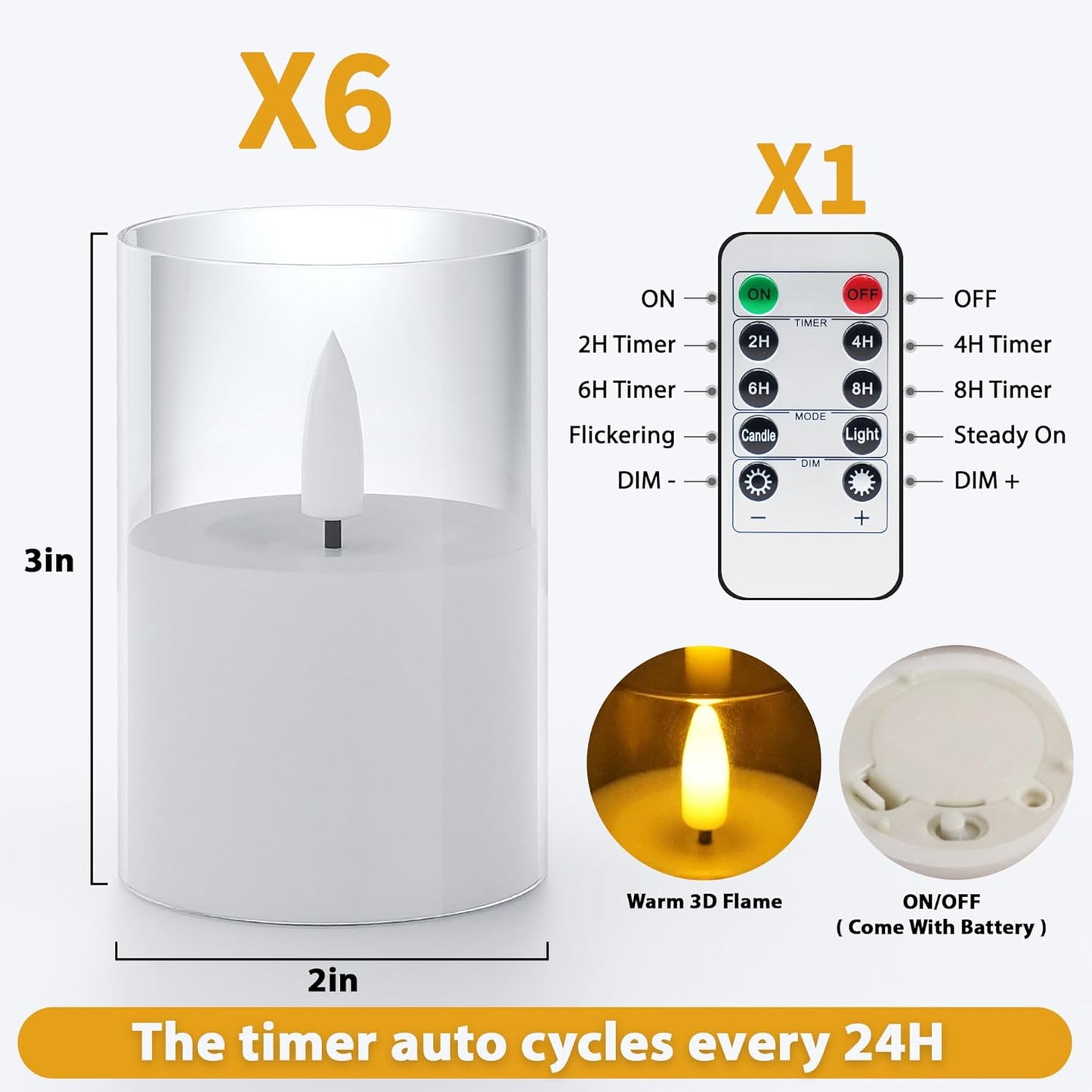 VIODAIM 12Pack Flickering Flameless LED Candles with Timer, Battery Powered - Small Pillar & Votive, Clear (2"X3")