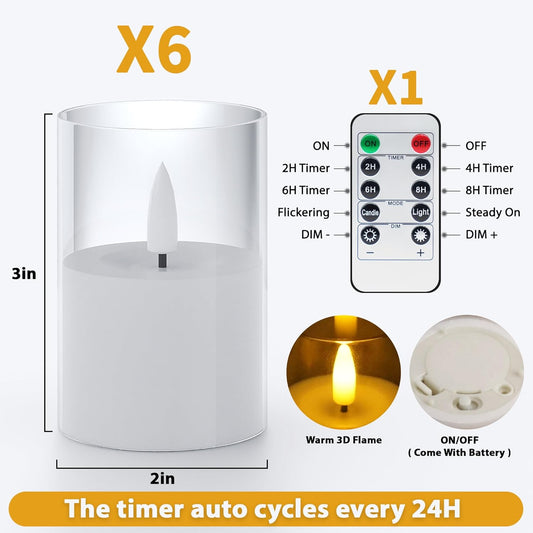 VIODAIM 12Pack Flickering Flameless LED Candles with Timer, Battery Powered - Small Pillar & Votive, Clear (2"X3")