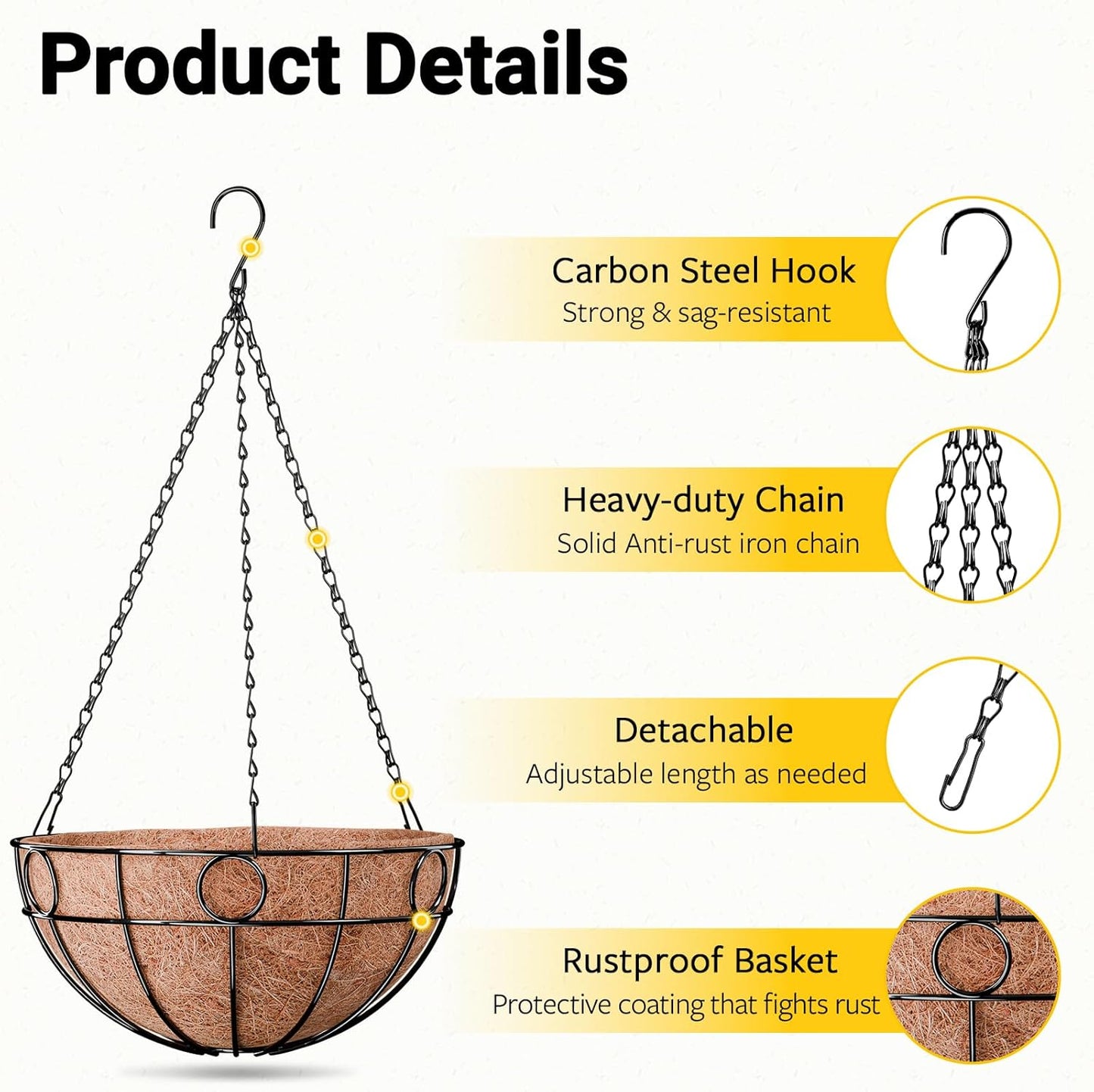 ZeeDix 2 Pack Round Hanging Baskets for Plants Outdoor, 12 Inch Metal Wire Planter Basket with Coco Liner, Hanging Flower Pots for Garden Yard Patio Porch Balcony Decor