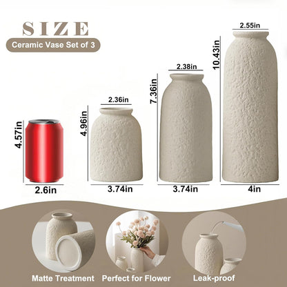 10.4 inches Tall Decorative Ceramic Vase Set, 3 Pieces, Nordic Modern Boho Style, White, Modern Farmhouse for Home Decor (Coffee Mix)