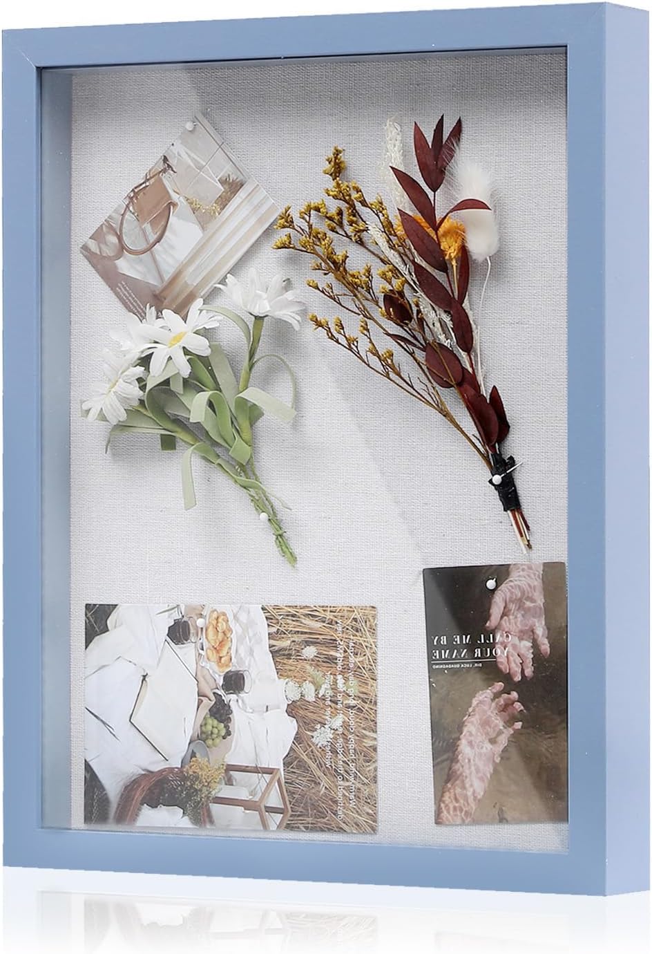 Muzilife 8x8 Shadow Box Picture Frame with Linen Board - Deep Wood & Glass Display Case Ready to Hang Memory Box Baby Sports Memorabilia, Pins, Awards, Medals, Wedding, Tickets and Photos (Black)