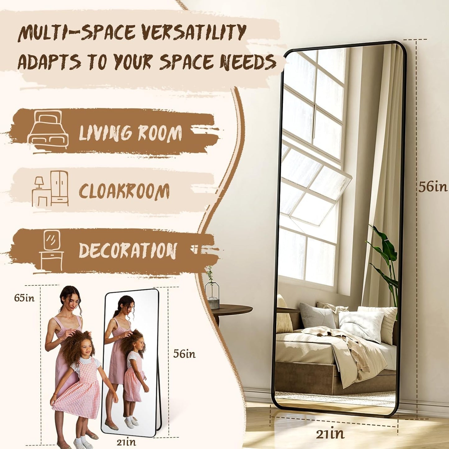 XRAMFY 56"x21" Floor Full Length Mirror Standing Full Body Rounded Corner Rectangle Mirrors with Stand Hanging Wall Mounted Leaning Bedroom Living Room Bedroom Cloakroom,Gold