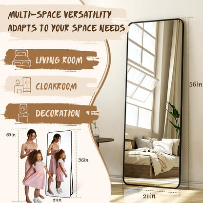 XRAMFY 56"x21" Floor Full Length Mirror Standing Full Body Rounded Corner Rectangle Mirrors with Stand Hanging Wall Mounted Leaning Bedroom Living Room Bedroom Cloakroom,Gold