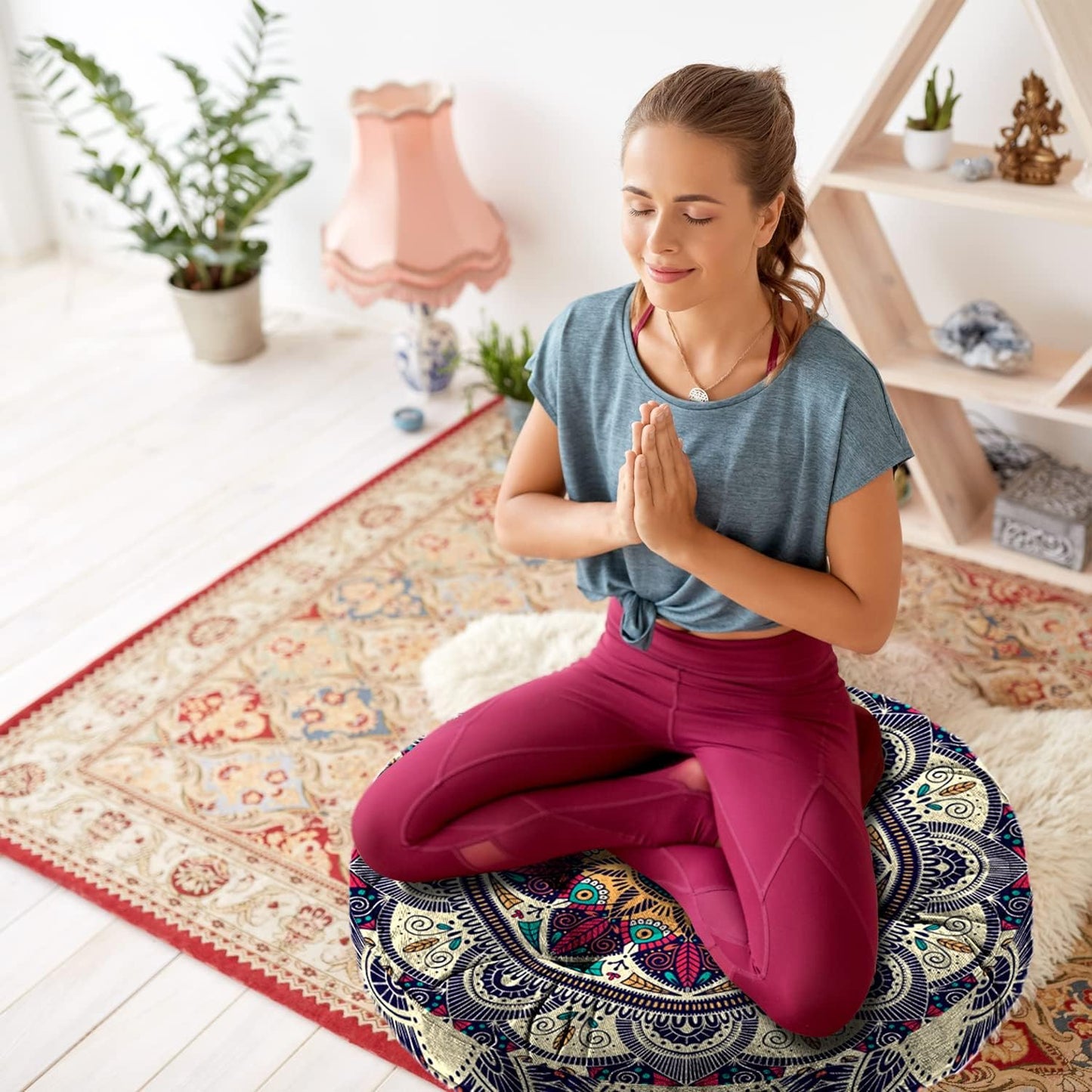 Mandala Meditation Cushion, Boho Meditation Mat, Meditation Pillows for Sitting on Floor, Cushions for Sitting in Home and Outdoor, Square Floor Pillow Cushion Seating for Yoga Accessories 22'' X 22''