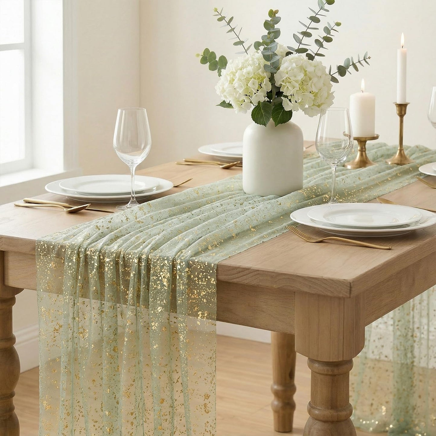 Artoid Mode Beige Gold Gauze Table Runner 120 Inch 10FT, Glitter Metallic Foil Sheer Dining Wedding Anniversary Holiday Birthday Table Decor for Home Party