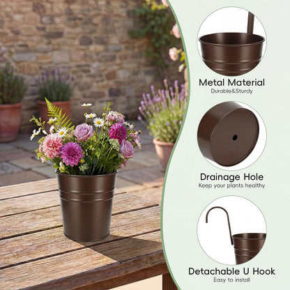HowRU Metal Iron Flower Pots for Railing Fence Hanging Bucket Pots(5 Pcs) and Hanging Flower Pots Metal Iron Bucket Planter(10 Pcs) (Black)