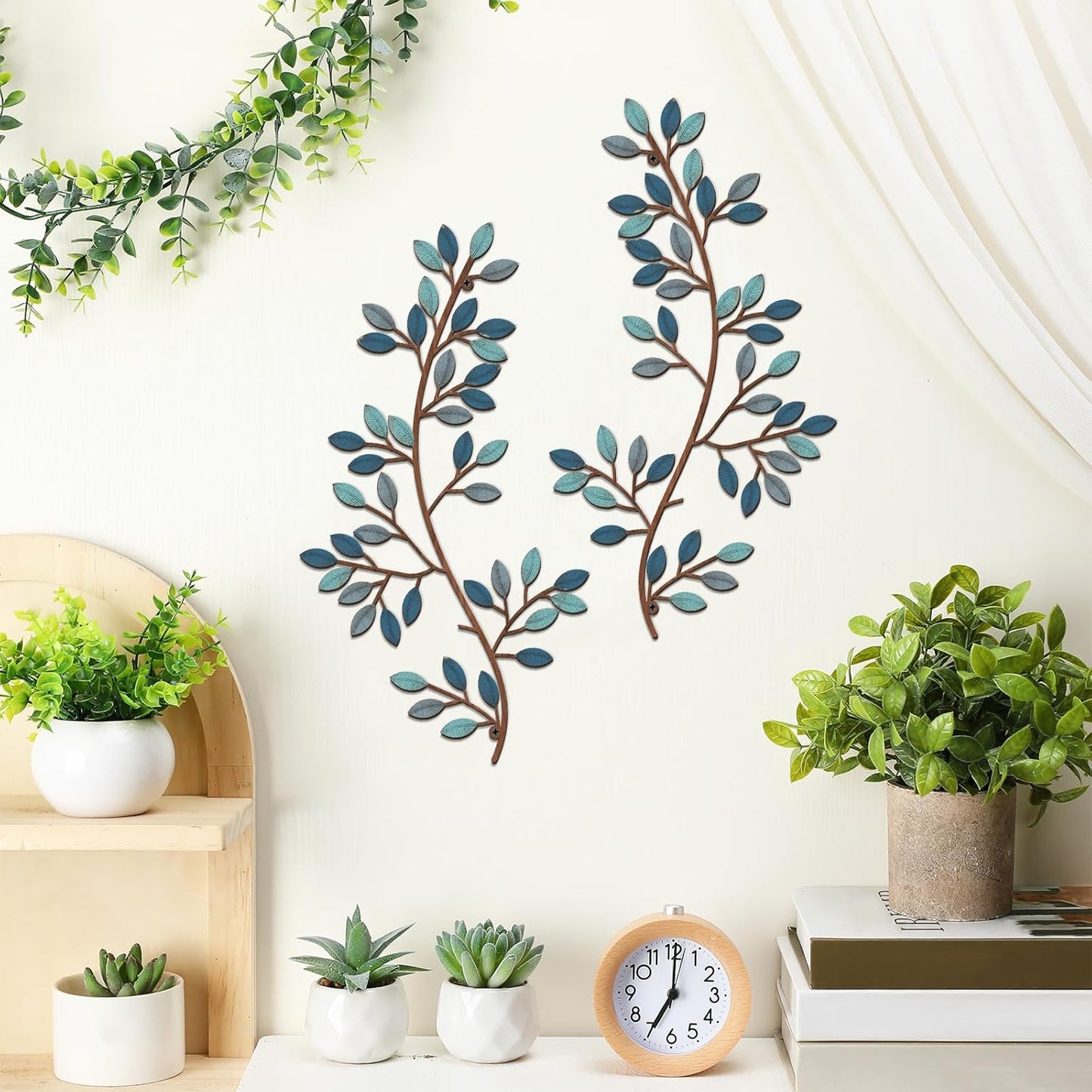 Hotop 2 Pieces Metal Tree Leaf Wall Decor Vine Olive Branch Leaf Wall Art Wrought Iron Scroll Sculptures Above the Bed, Living Room, Outdoor Decoration (Classic Style,Black)