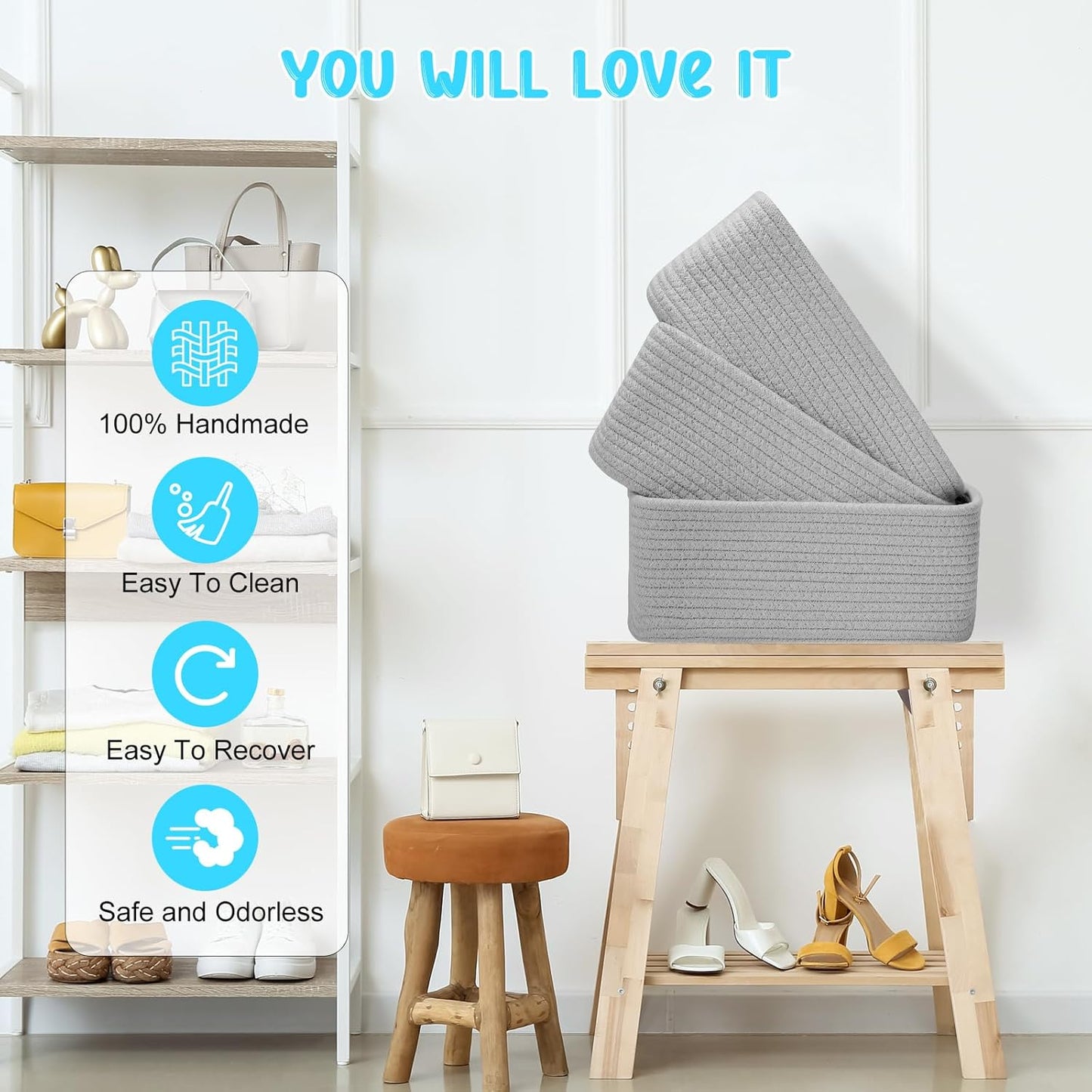 3-Pack Small Storage Baskets for Organizing | Woven Shelf Toy Basket | Rope Baskets for Gifts Empty | Closet Organizer Bins with Handles | Cube Decorative Box | 11.8×7.8×5.1” | Mixed brown