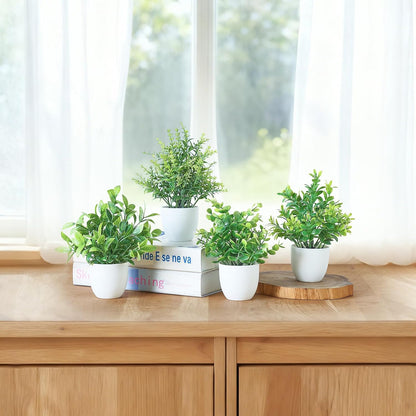 Mkono 4 Packs Fake Plants Mini Artificial Greenery Potted Plants Faux Eucalyptus for Spring Decor Home Indoor Office Table Shelf Room Bathroom Farmhouse Decor (White)