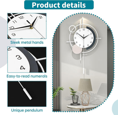 Wall Clock for Living Room Decor Decorative Wall Clock with Pendulum Silent Quartz Battery Operated Black Metal Large Clock for Dining Room,Kitchen,Home,Bathroom,Bedroom,13.8x21.3 in
