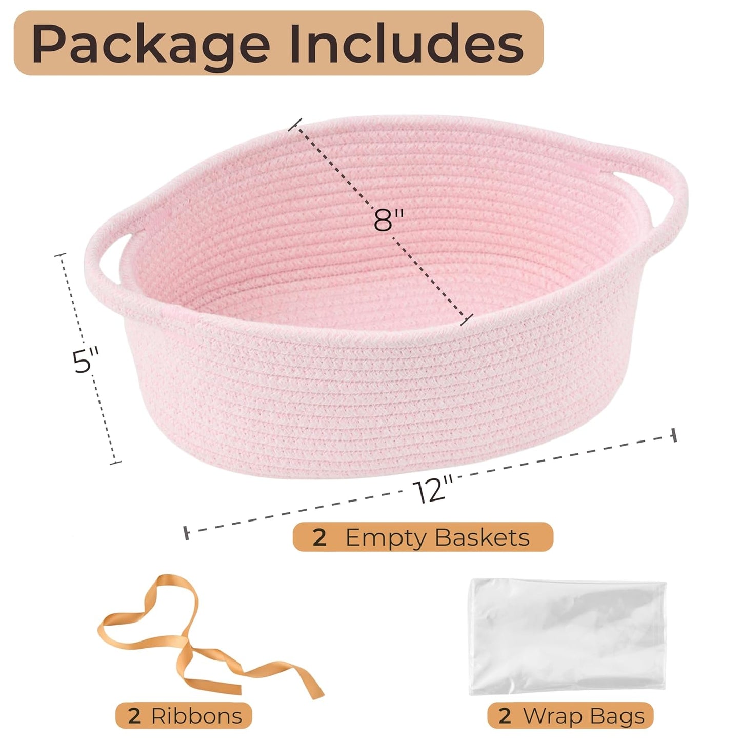 Small Woven Gift Basket Empty with Bag & Ribbon - Gifts for Mom, Baby Shower, Birthdays & Raffle - Cotton Rope Storage Basket for Dog Toys or Shelf - 12"x8"x5", White