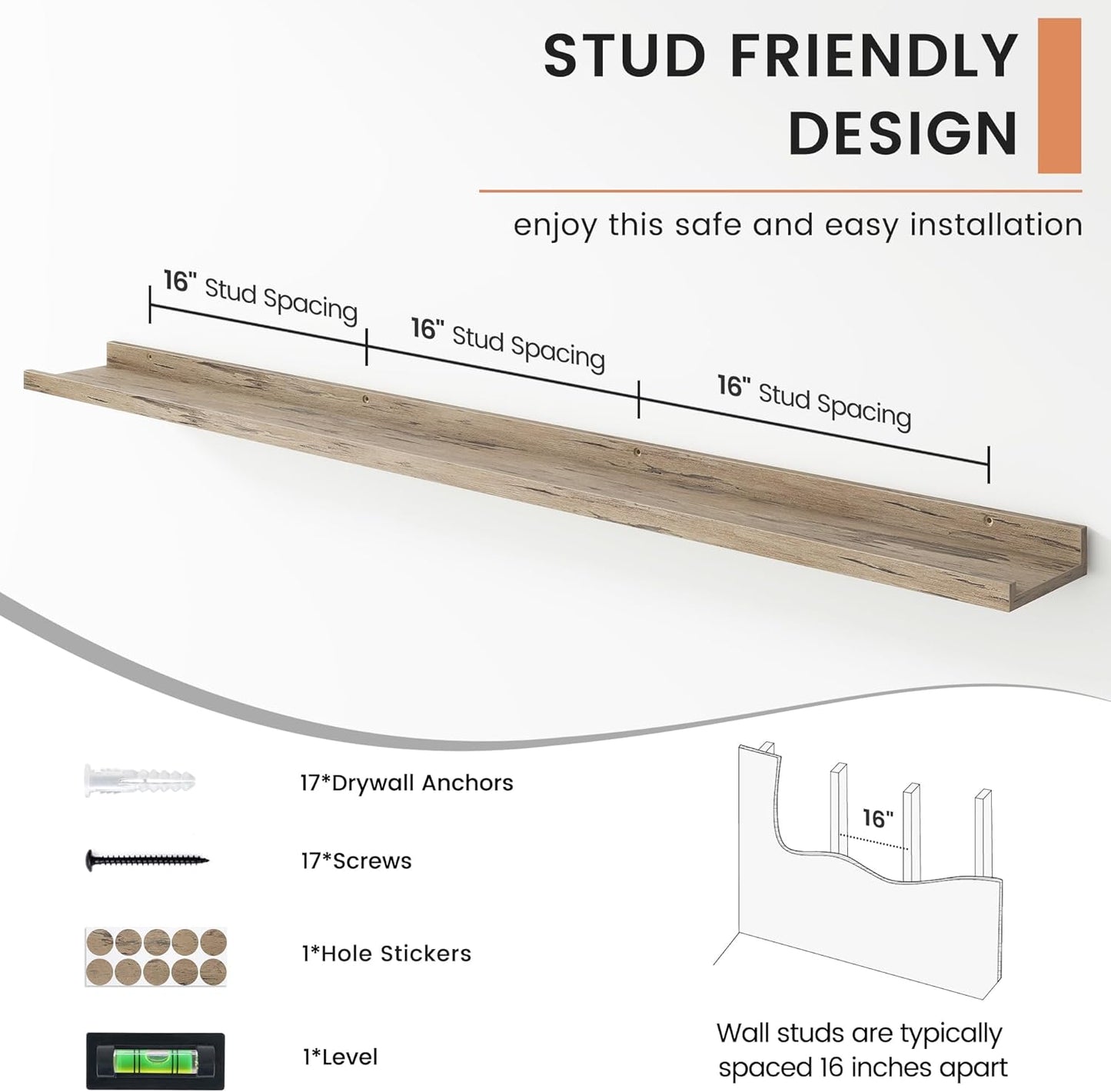 FLYJOE Floating Picture Ledge Shelves for Wall Set of 4, 48 Inch Wall Shelves with Lip Long Large Nursery Book Shelf for Toys Storage Kids Bookshelf Wall Mounted Living Room Bedroom Decor Frames