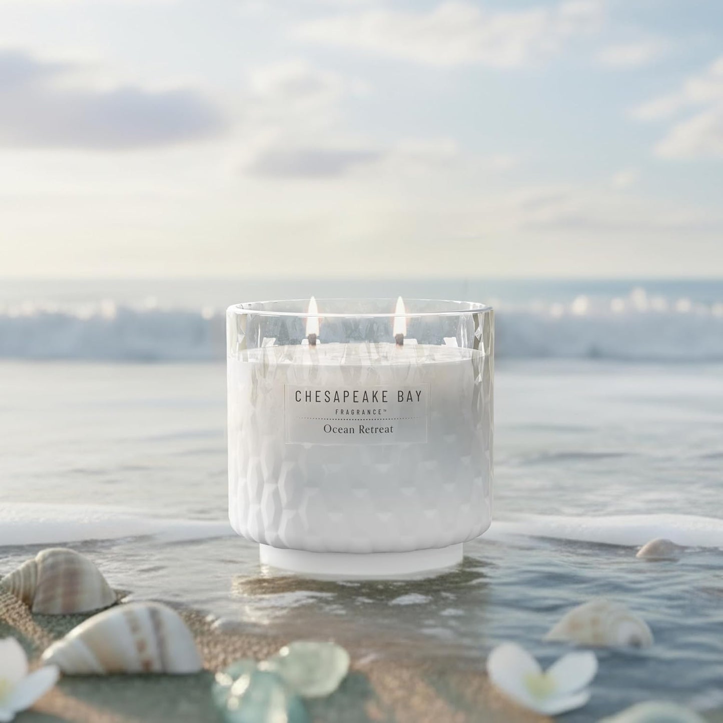 Chesapeake Bay, 11oz Marine Drift Scented Candle, Mood Evoking Fragrance, Textured Sea Glass-Inspired Jar, Premium Soy Blend Wax with Essential Oils, Coastal Fragrance for Home Décor or Gifting