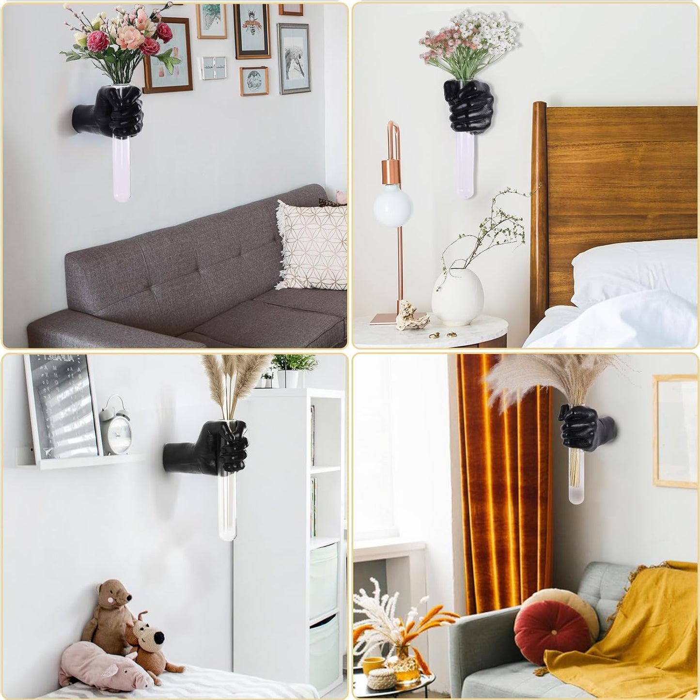 Gold Wall Sculptures, Hand Vases Home Decor, Wall Mount Art Sculpture, Unique Wall Art Statue, Funky Flower Vase Decorations, Modern Eclectic Hanging Decor,Glass Test Tube Vase
