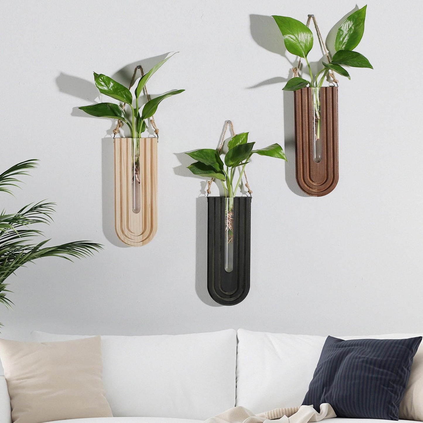 Dnnnii 2 Pack Wooden Wall Vase Set - Brown Finish Modern Farmhouse & Boho Wall Decor for Entryway, Hallway, Bathroom, Living Room, Dining Room, Narrow Spaces