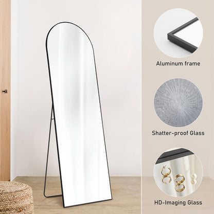 OLIXIS Black Arched Full Length Mirror 60"x16" for Bedroom, Full Body Mirror with Stand, Hanging or Leaning for Wall, Aluminum Alloy Thin Frame Floor Standing for Living Room