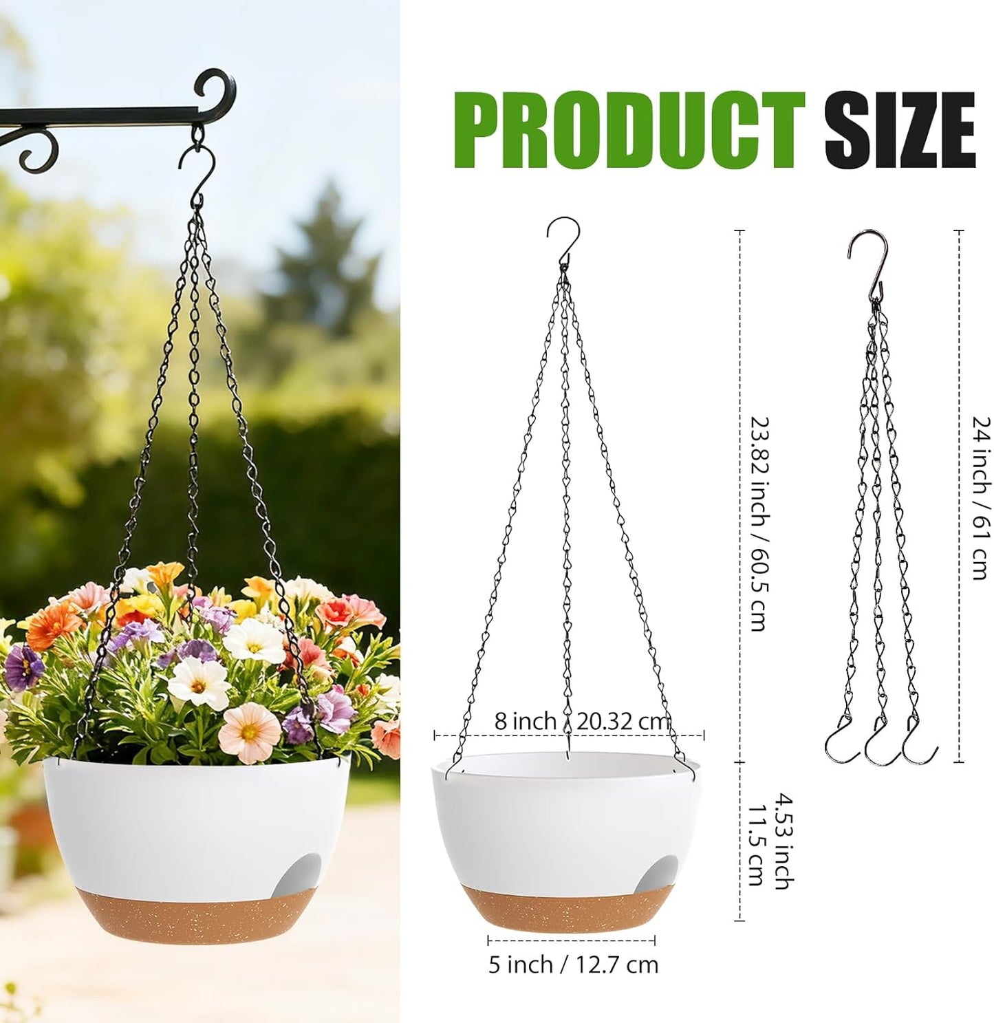 8 Inch Hanging Planters for Indoor Outdoor Plants, 4 Pack Black Plastic Self Watering Hanging Baskets with Drainage Holes and Chain for Garden Porch