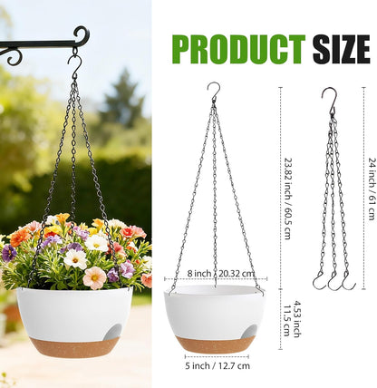 8 Inch Hanging Planters for Indoor Outdoor Plants, 4 Pack Black Plastic Self Watering Hanging Baskets with Drainage Holes and Chain for Garden Porch