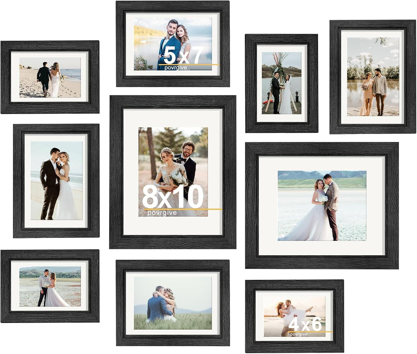 Povrgive Picture Frames, Made of Real Glass and Wooden Frame, Gallery Photo Frames Set of 10 for Collage Wall Decor, Multi Sizes Including 8x10, 5x7, 4x6 for Mounting or Tabletop Display, Wood