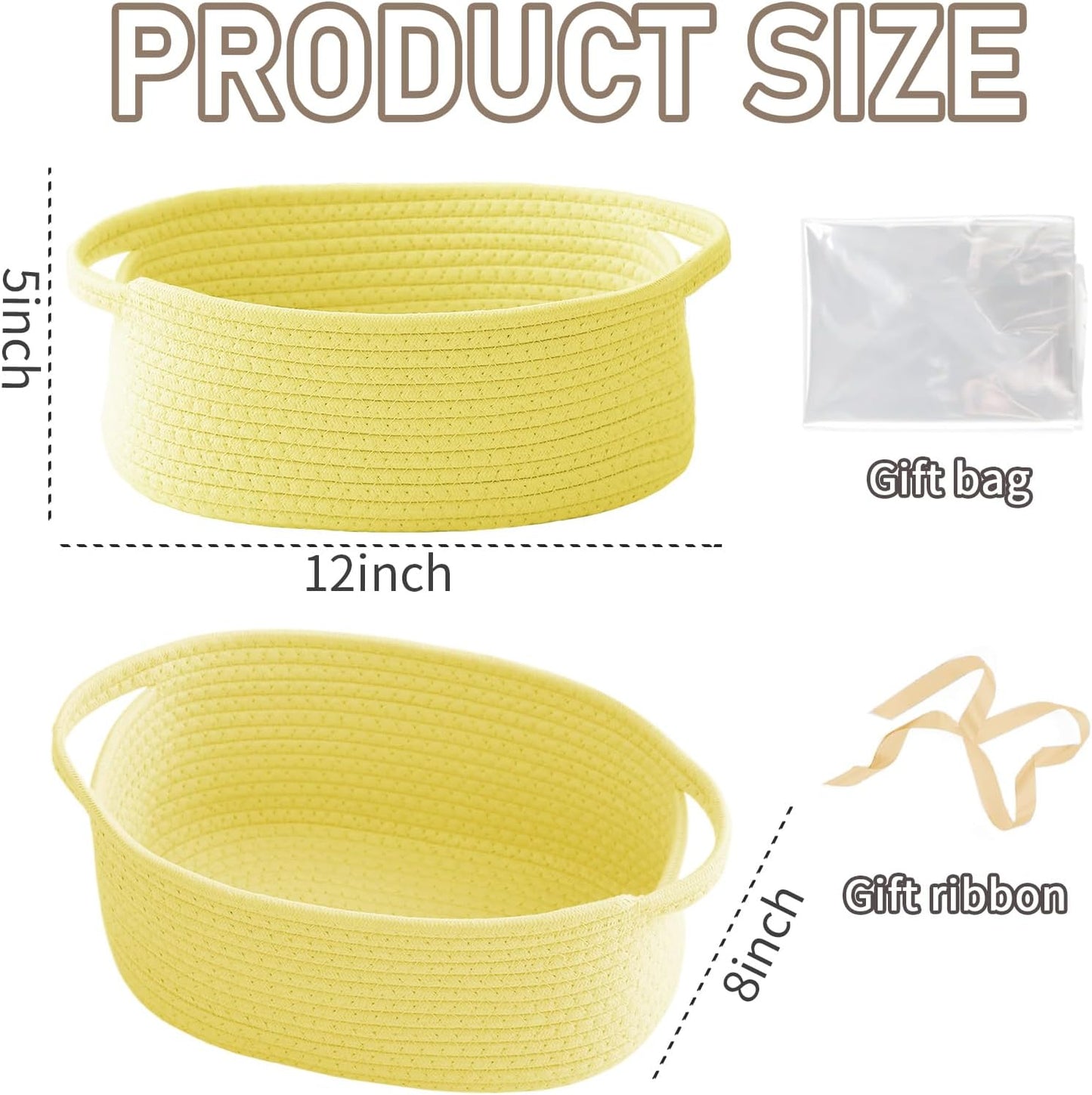JMvicyroam Woven Basket,Small Rope Storage Bin with Handles & Ribbon Bag, Organizer for Shelves Closets,Gift Basket Empty for Birthday,Books,Dog Toys,White