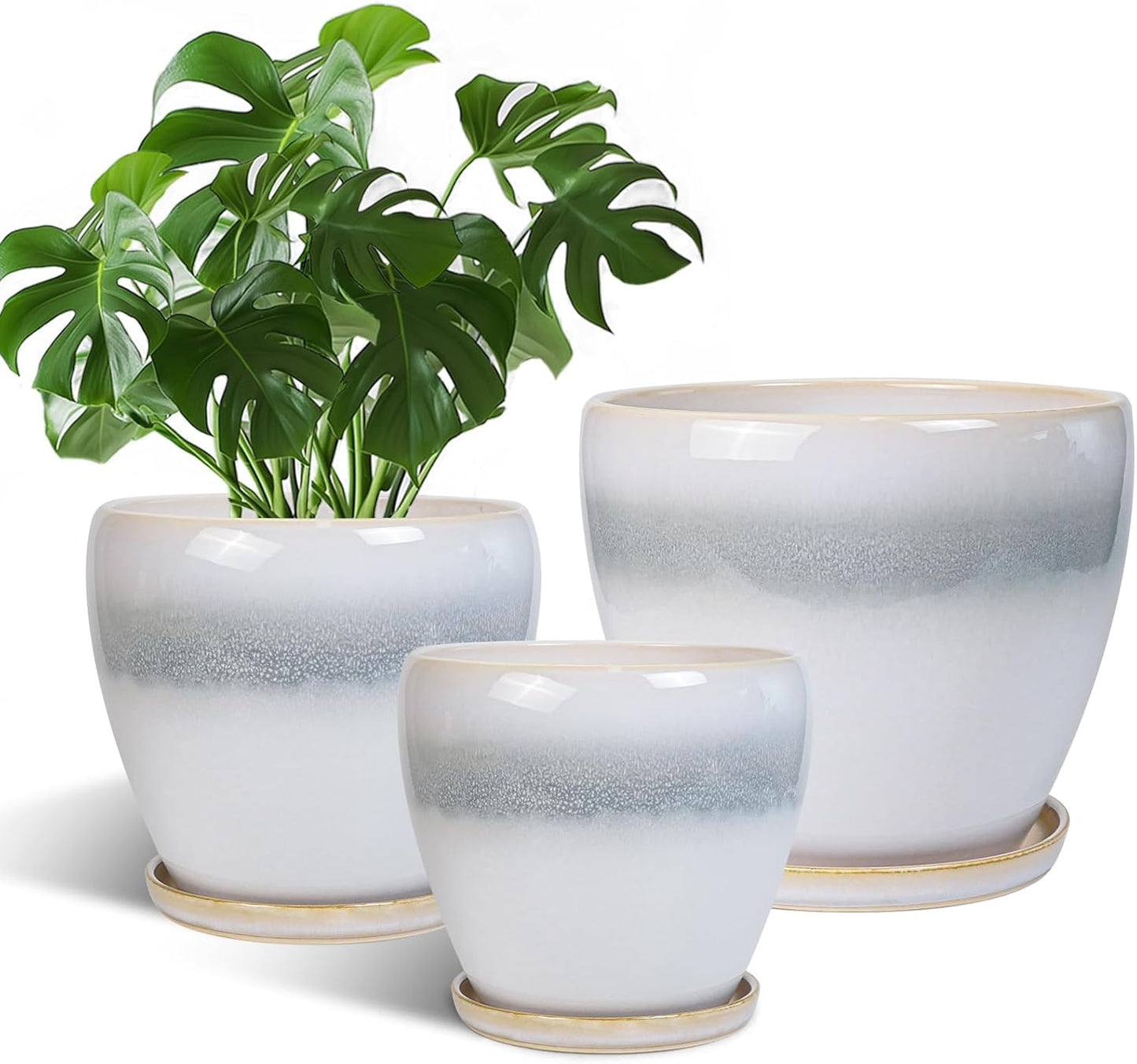 Plant Pots Indoor, Ceramic Planters Pots with Drainage Holes and Saucers, 10+8+6 Inch, Set of 3, Round Large Flower Pots for Indoor Outdoor Plants, Blue