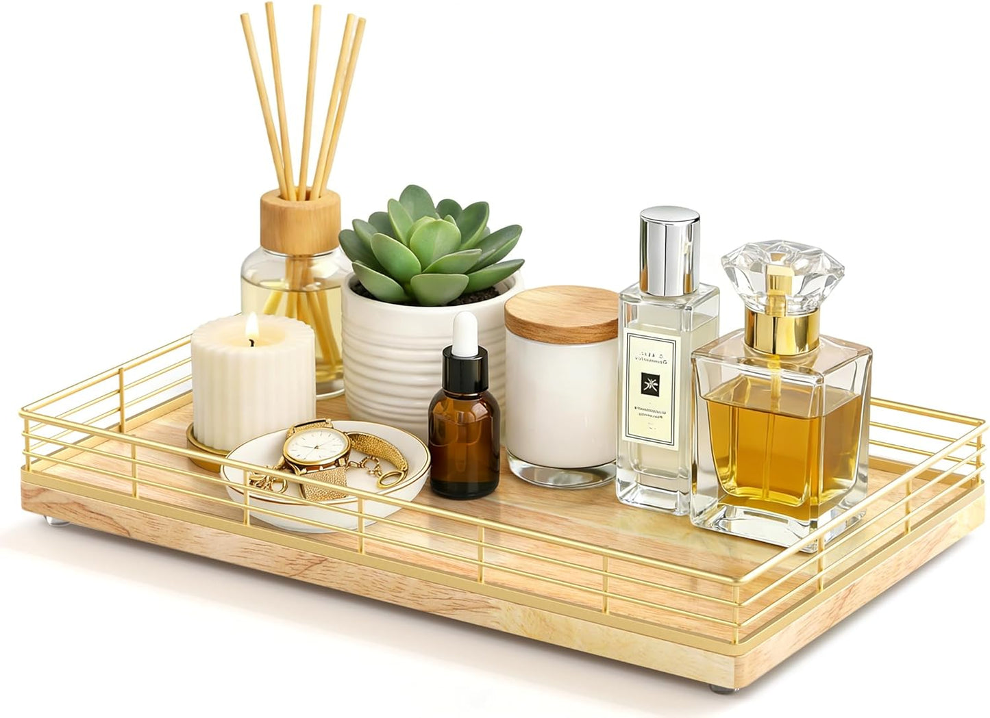 Bathroom Vanity Tray for Countertop, 12" x 6" Acacia Wood Toilet Tank Tray with Metal Guardrail, Bathroom Organizer for Soap, Perfume & Skincare, Non-Slip Decorative Tray for Dresser, Black & Acacia