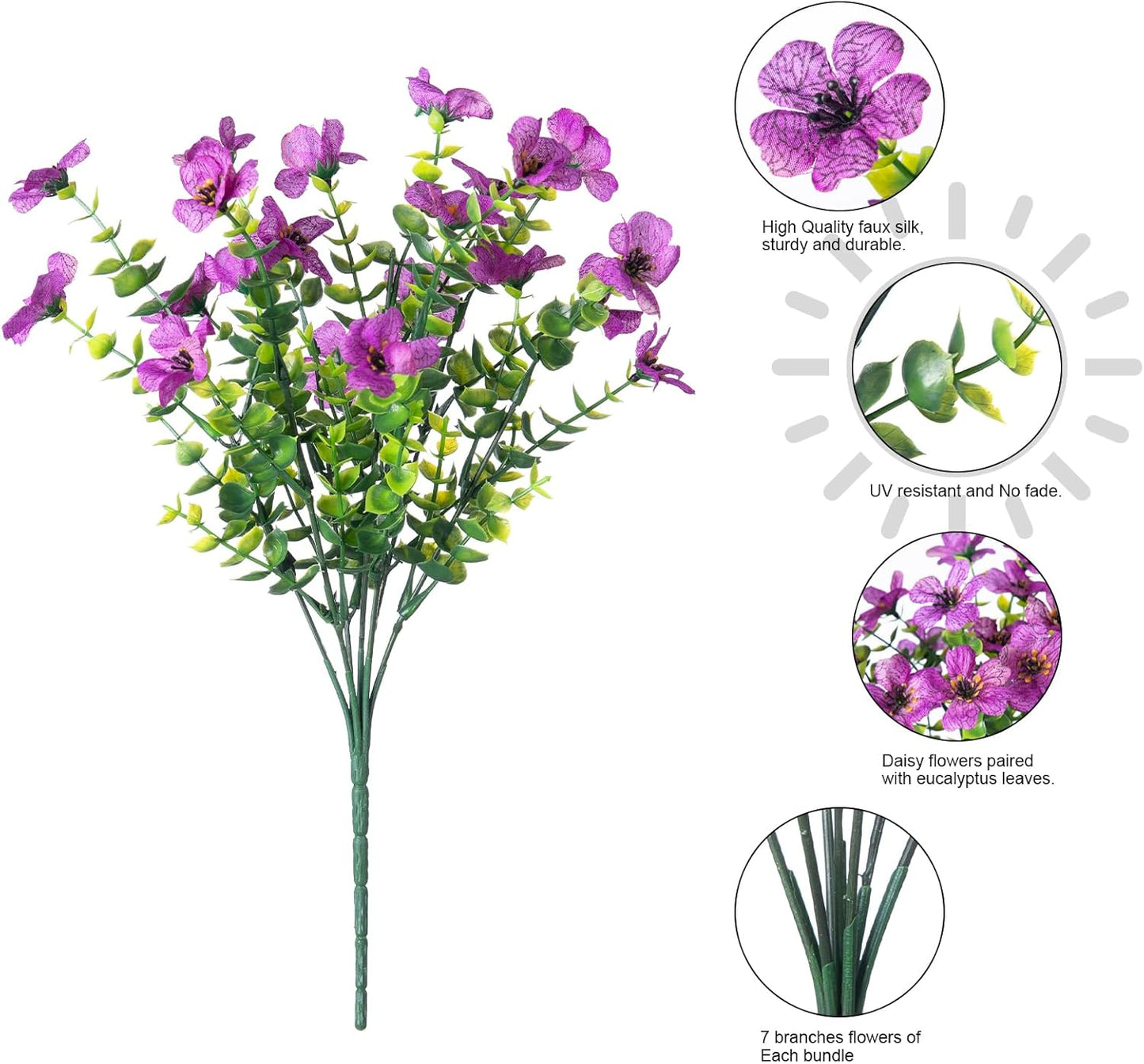 HyeFlora Artificial Flowers for Outdoor Indoor Garden Home Decoration, Faux Flower Daisy with Eucalyptus Leaves Fake Plants Greenery Boxwood Porch Patio, 12 Bundles (Mix Pink Red Purple Yellow)