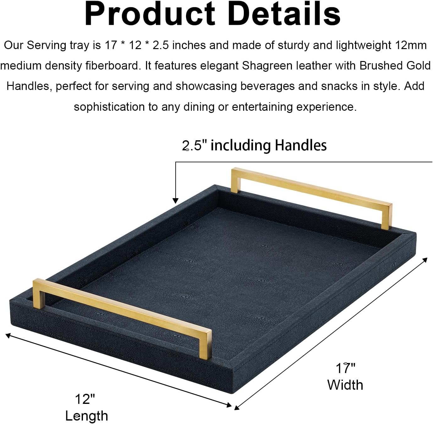 XIGEXIGE Ivory Shagreen Decorative Tray Large Rectangle Coffee Table Tray for Ottoman Faux Leather Serving Tray with Brushed Gold Handles