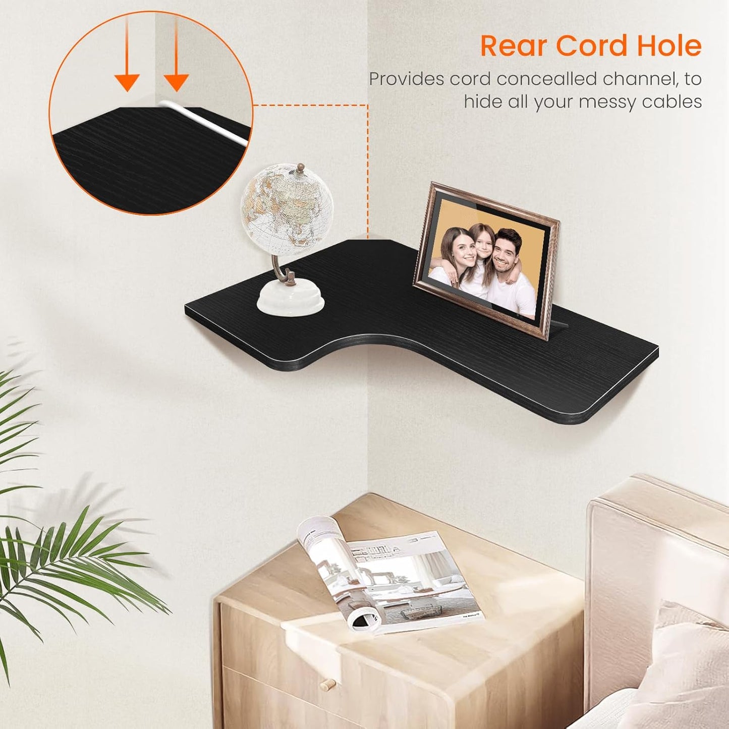 Homode Corner Floating Shelves, Set of 3 Corner Wall Shelves with Wire Hole, L-Shaped Wood Hanging Storage Shelf for Wall Decor, for Bathroom Kitchen Bedroom, White