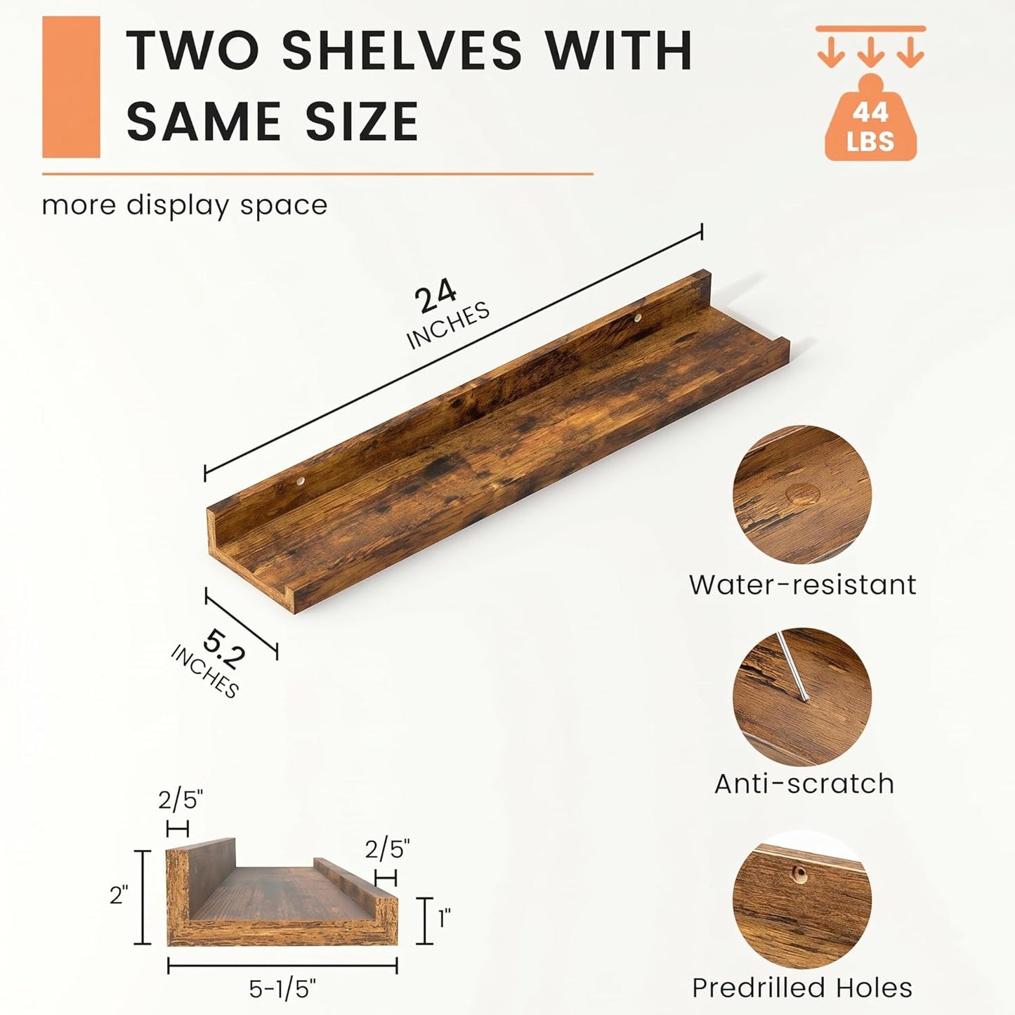 FLYJOE Picture Ledge Shelf, Floating Shelves Set of 2, 48 Inches Long Large Nursery Book Shelves for Toys Storage, Kids Bookshelf Wall Mounted for Living Room Bedroom Decor Books Photo Frames, Walnut