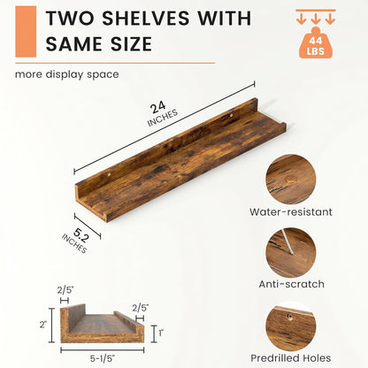 FLYJOE Picture Ledge Shelf, Floating Shelves Set of 2, 48 Inches Long Large Nursery Book Shelves for Toys Storage, Kids Bookshelf Wall Mounted for Living Room Bedroom Decor Books Photo Frames, Walnut