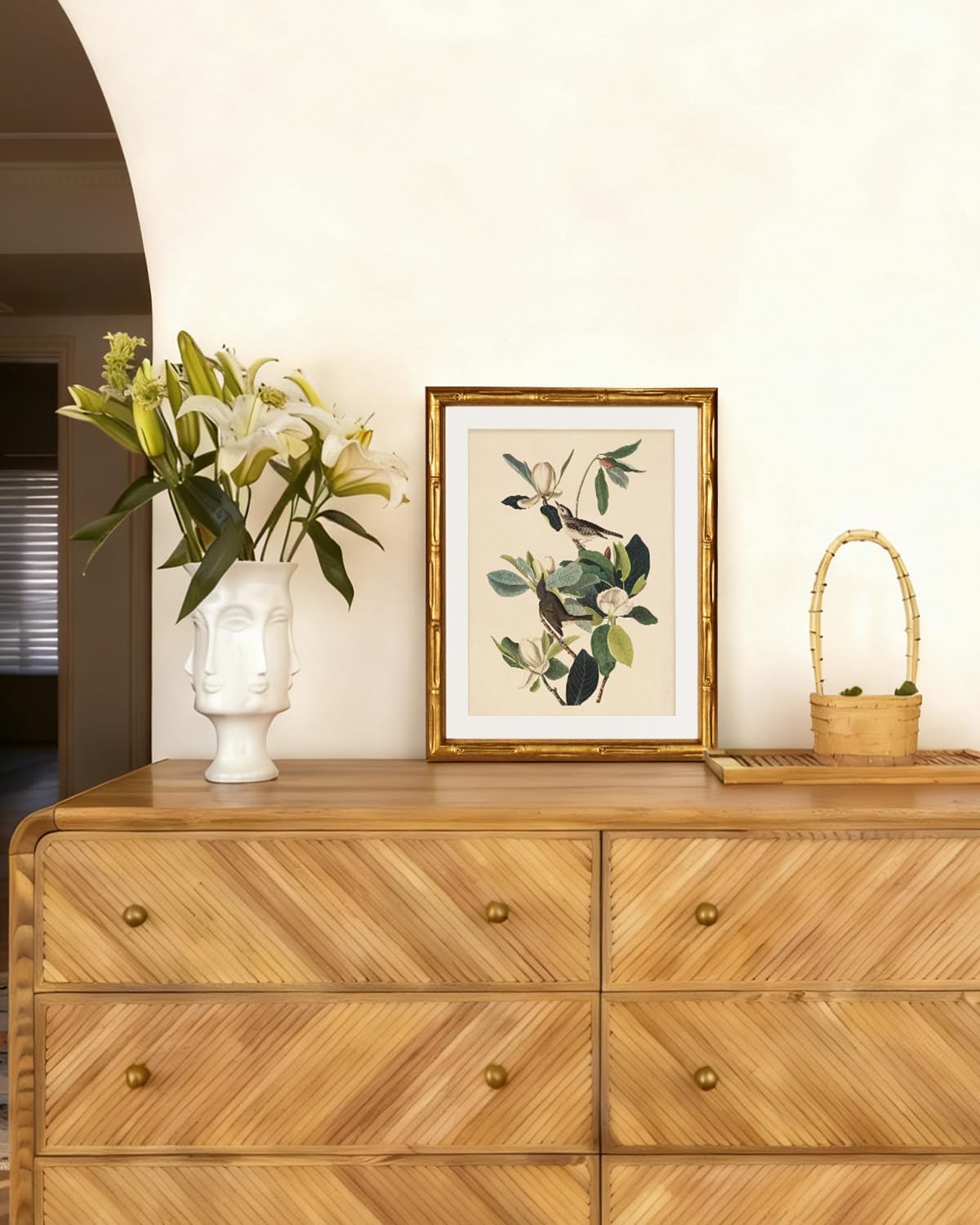 InSimSea Gold Bamboo Framed Canvas Wall Art, Retro Blue Hydrangea Botanical Prints, Antique Flowers Picture Frame with Mat, Victorian Home Wall Decor for Kitchen Living Room Bedroom, 11x14inch