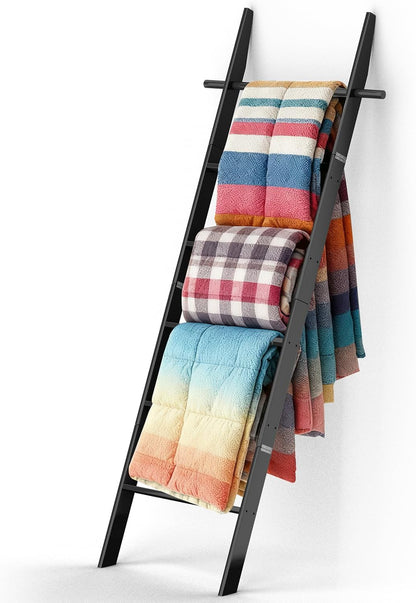 Farmhouse Wooden Blanket Ladder with Removable Hooks, 6-Tier Rustic Blanket Rack Decorative Stand, Leaning Towel Quilt Rack Holder for Bathroom Living Room Decor Brown