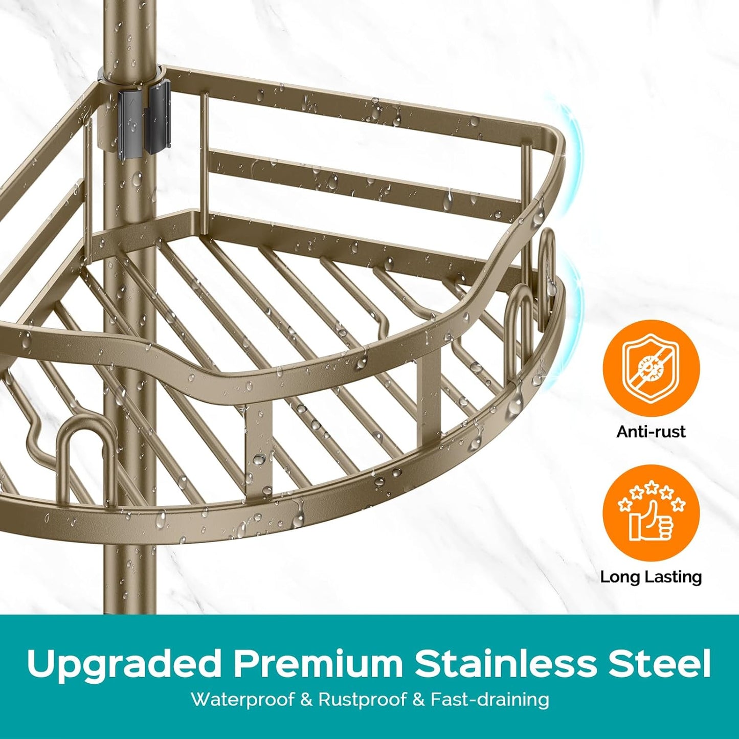 HAMITOR Corner Shower Caddy Tension Pole: Rustproof 4-Tier Bathroom Organizer Shelves for Bathtub Shampoo Storage - 47-121 Inch Quick Install Adjustable Rod Standing Rack with Soap Rack - Silver Gray