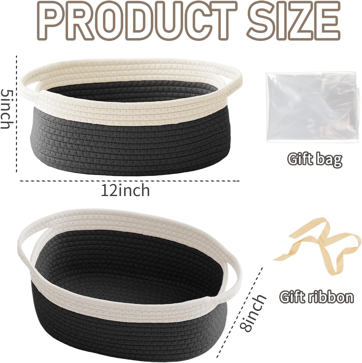 JMvicyroam Woven Basket,Small Rope Storage Bin with Handles & Ribbon Bag, Organizer for Shelves Closets,Gift Basket Empty for Birthday,Books,Dog Toys,White