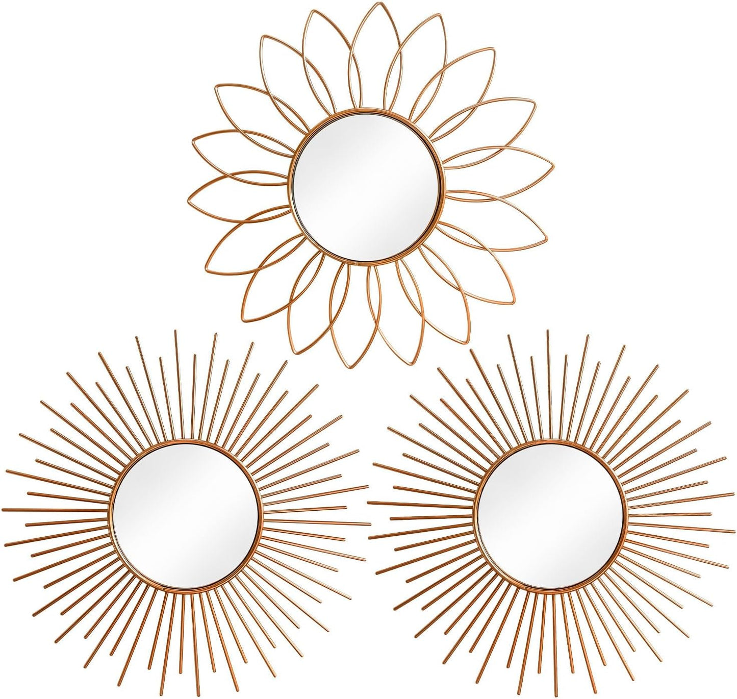 3 Pack Metal Mirrors for Wall Sunburst Wall Mirrors Home Décor Decorative Hanging Wall Art for Living Room Bedroom Entryway (Gold, Flower+Sunburst)