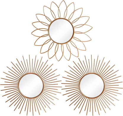 3 Pack Metal Mirrors for Wall Sunburst Wall Mirrors Home Décor Decorative Hanging Wall Art for Living Room Bedroom Entryway (Gold, Flower+Sunburst)