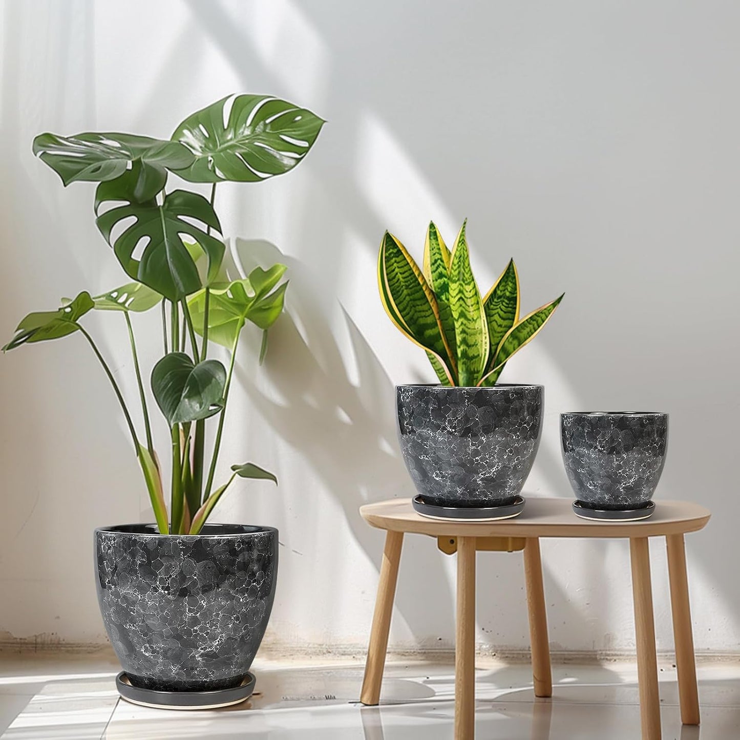 Plant Pots Indoor, Ceramic Planters Pots with Drainage Holes and Saucers, 10+8+6 Inch, Set of 3, Round Large Flower Pots for Indoor Outdoor Plants, Blue