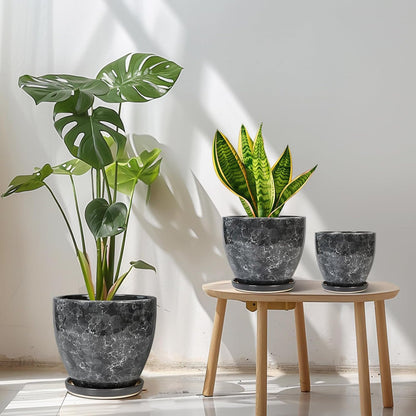 Plant Pots Indoor, Ceramic Planters Pots with Drainage Holes and Saucers, 10+8+6 Inch, Set of 3, Round Large Flower Pots for Indoor Outdoor Plants, Blue